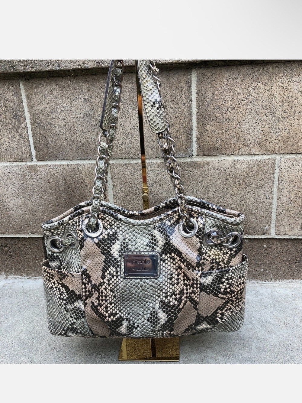 Nicole Snake-Print Shoulder Bag in Beige and Black